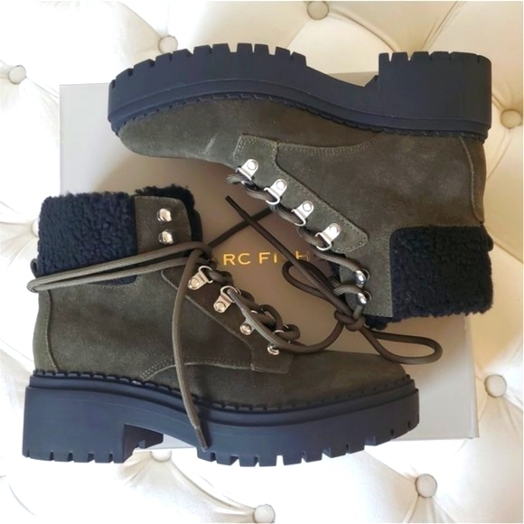 NIB MARC FISHER Leigan Olive Sherpa Suede Lace Up Lug Sole Hiker Bootie 7 - Picture 1 of 15